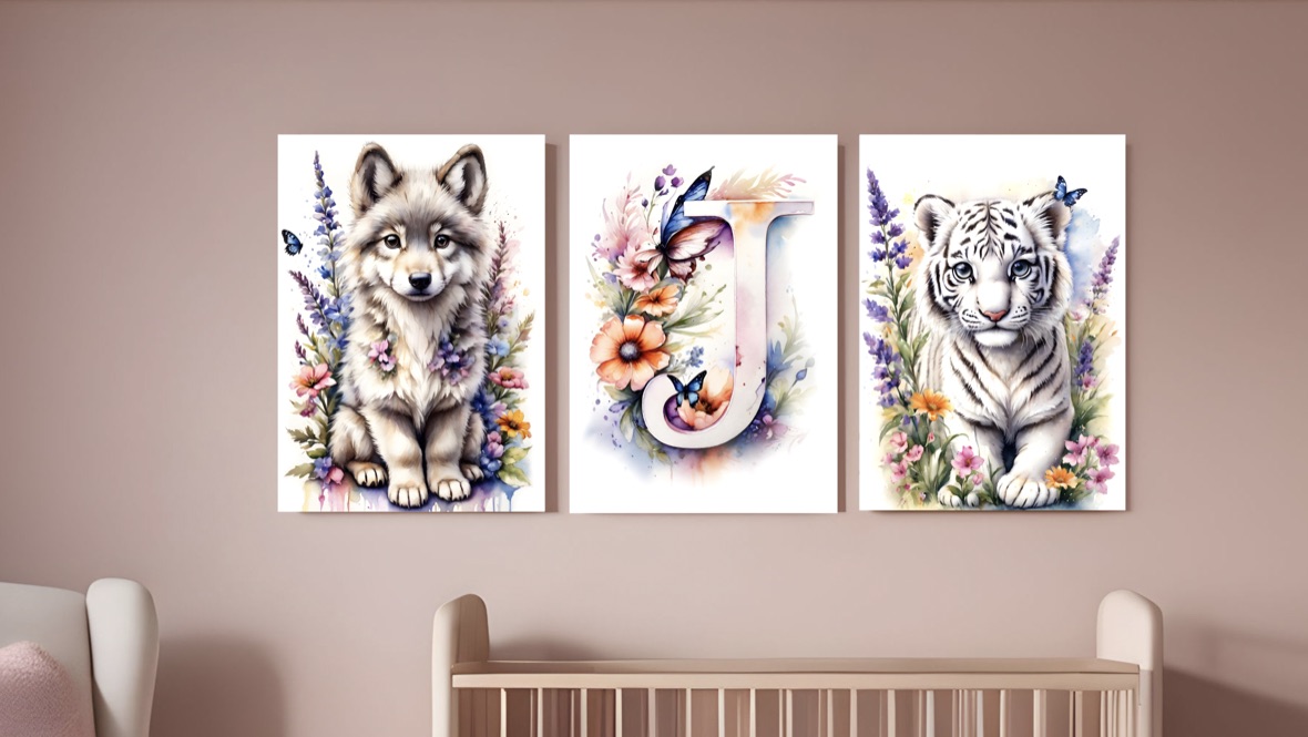 Mockup of the animal and letter digital art prints for bubs nursery