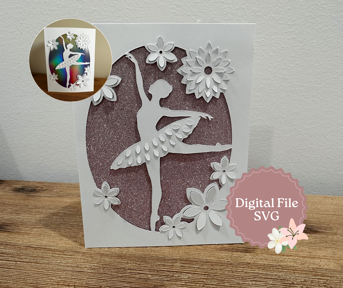 Ballerina Card SVG with popup flowers and tutu R20 and R40 Cricut card sizes