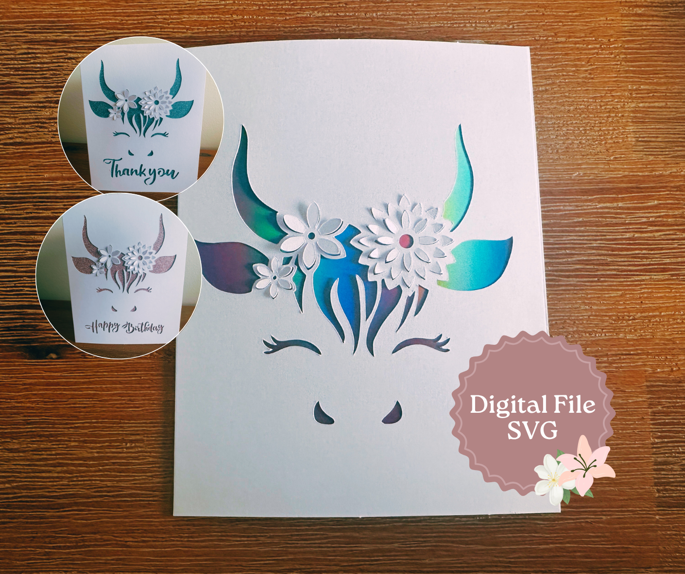Highland Cow Face Card SVG with popup flowers R20 and R40 Cricut card sizes
