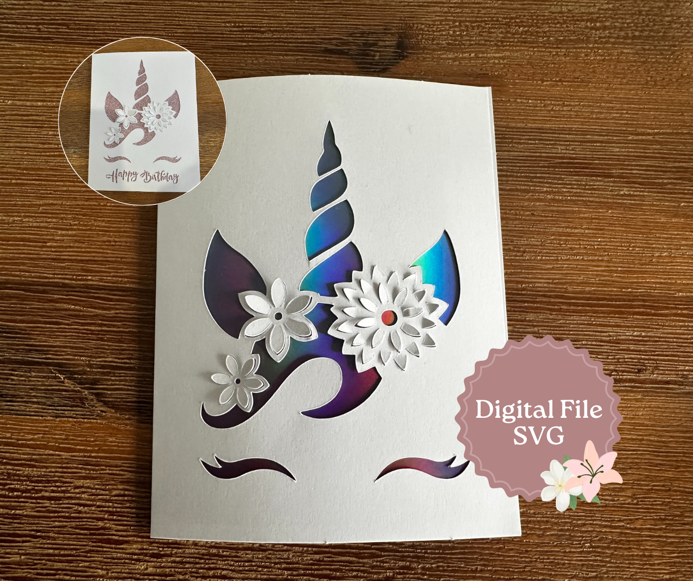 Unicorn Face Card SVG with popup flowers R20 and R40 Cricut card sizes