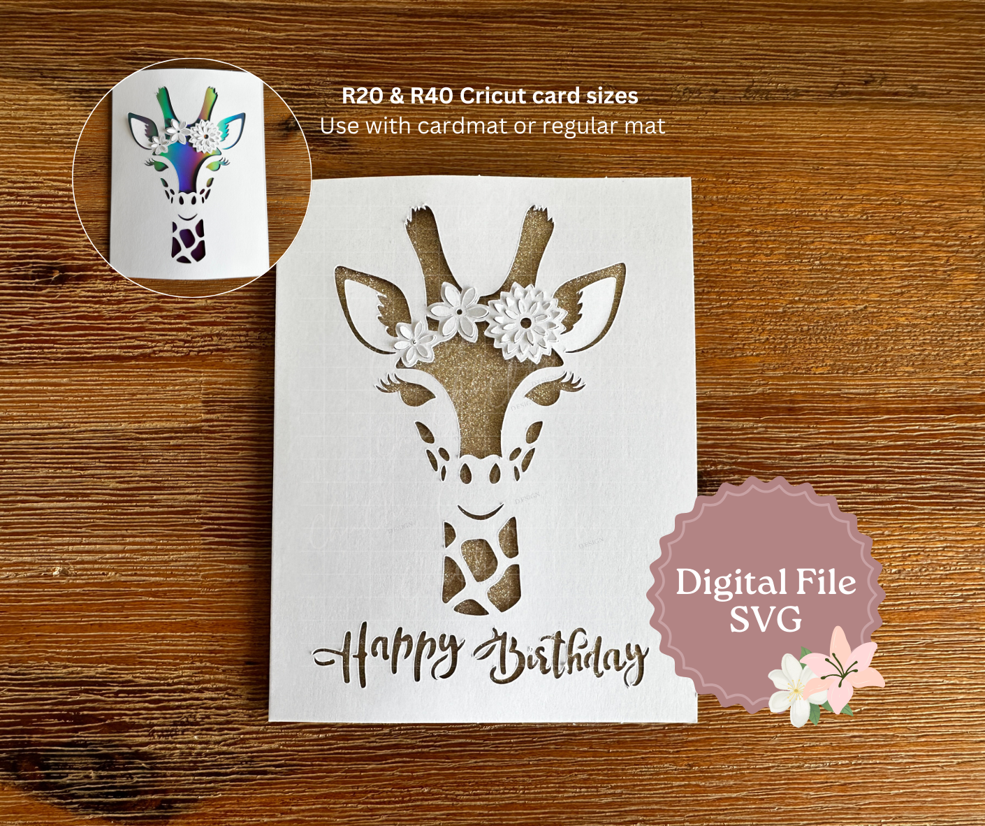 Giraffe Card SVG with popup flowers R20 and R40 Cricut card sizes