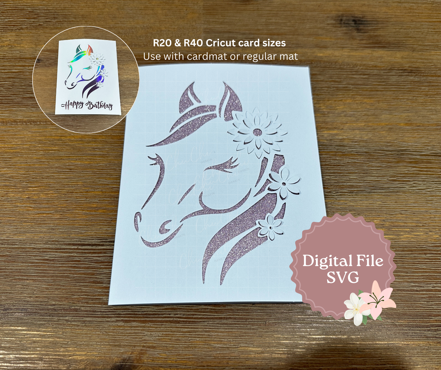 Horse Card SVG with popup flowers R20 and R40 Cricut card sizes
